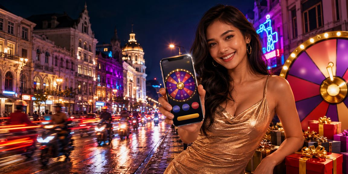 Meja roulette bercahaya neon dengan suasana casino yang glamor dan penuh energi malam